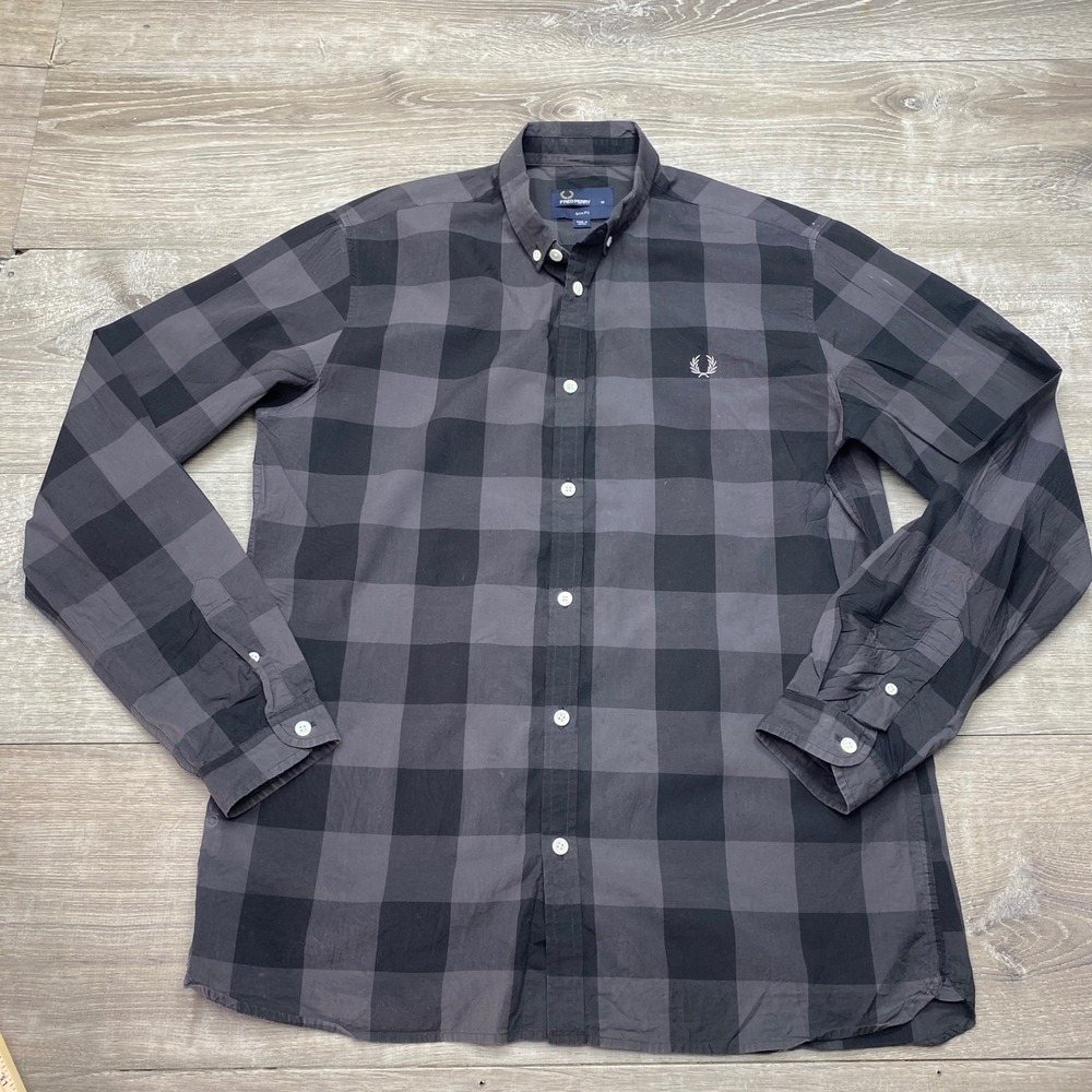 Fred Perry Shirt Slim Fit Mens Medium Grey Black Buffalo Check Cotton